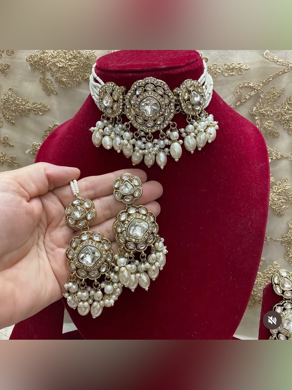 Gold-Tone Kundan Pearl Choker Necklace Set in White
